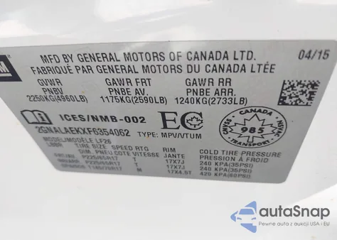 2015 Chevrolet Equinox Ls из США, поврежденный, VIN 2GNALAEKXF6354062